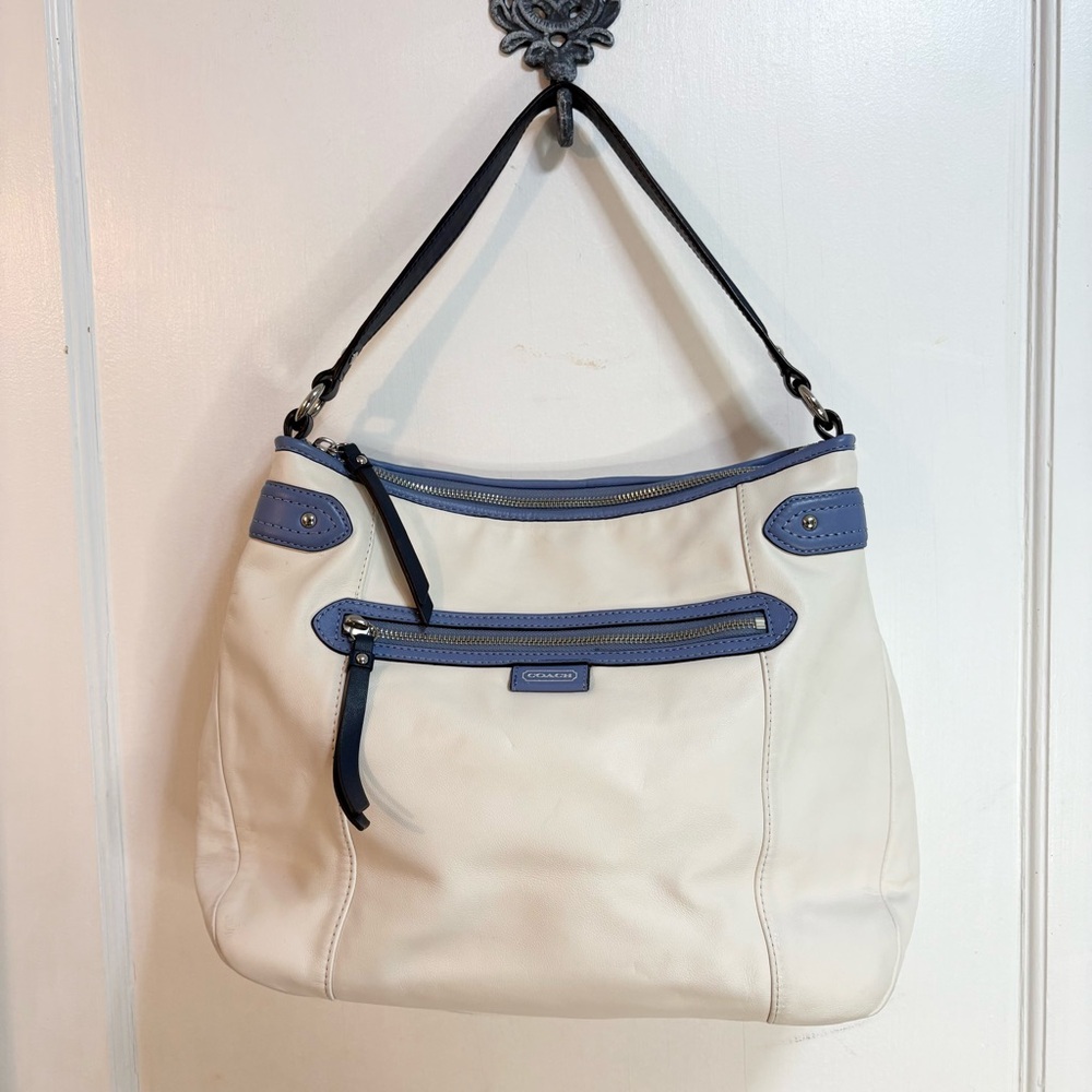 COACH DAISY White Leather Shoulder Bag Spectator Hobo Blue Trim F23903